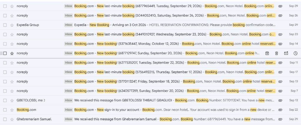 Reservation Management Inbox - Incoming Booking.com and Expedia Confirmed Bookings